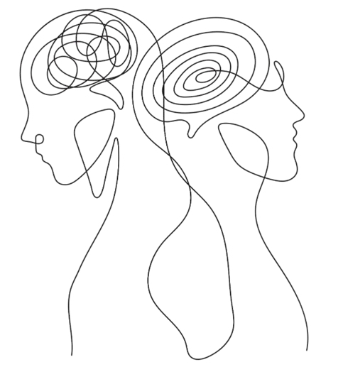 Line drawing of two heads, one tangled and one clear
